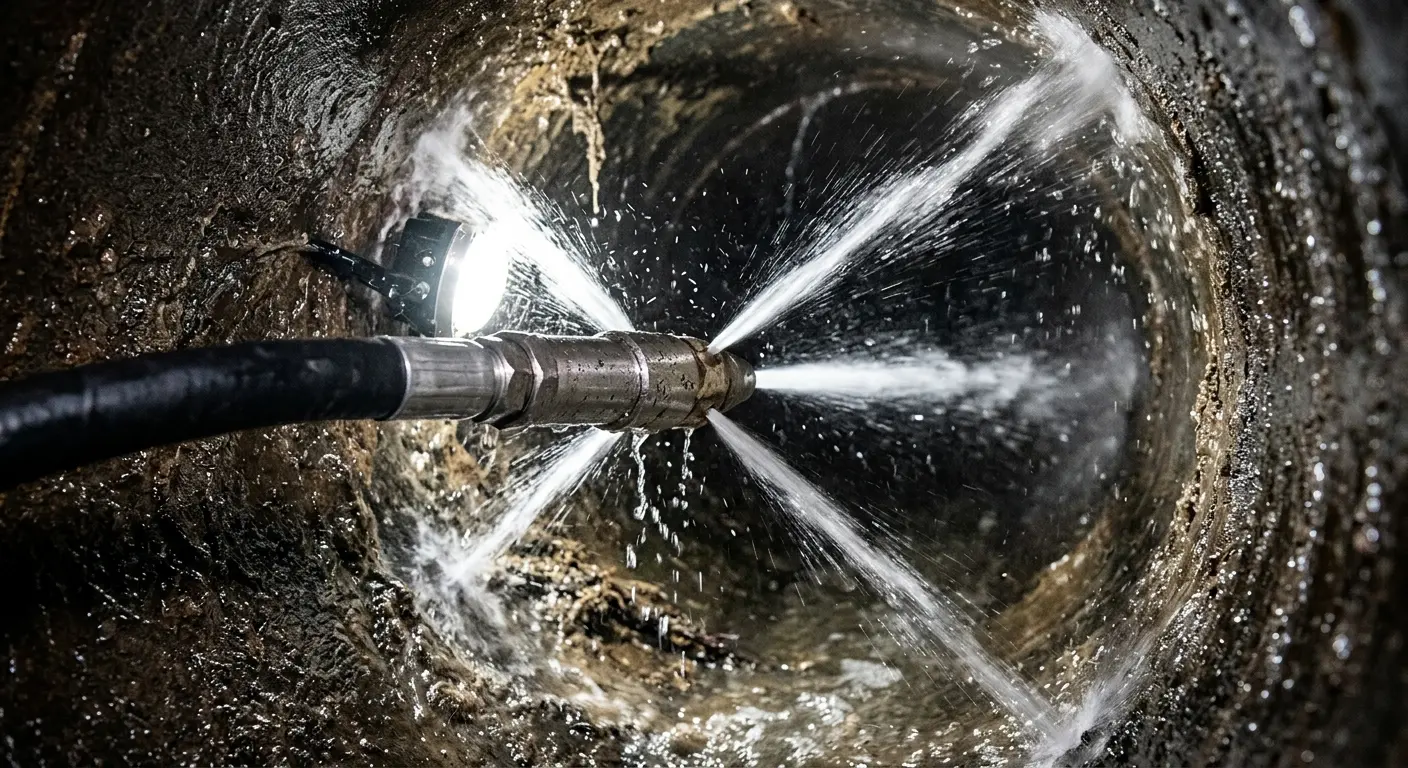 High-pressure hydro jetting nozzle cleaning sewer pipe for Emergency Drain Service in Coal City