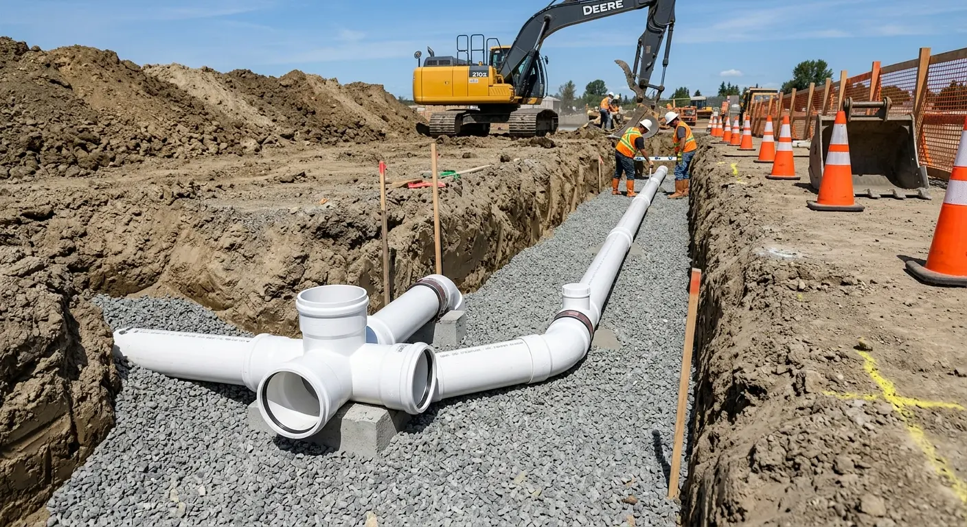 New PVC sewer pipe installation in open trench for Commercial Drain Cleaning in Coal City
