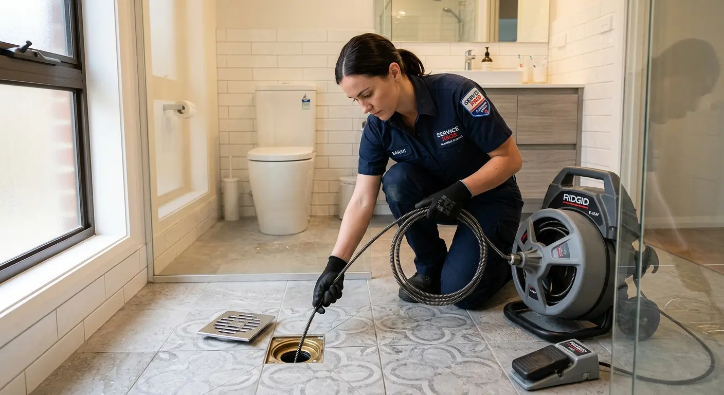 Technician clearing a bathroom floor drain for Sewer Line Replacement in Coal City